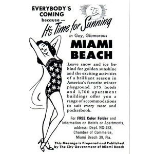 1953 Miami Beach Vacation Travel Vintage Print Ad Floral Swimsuit Wall Art